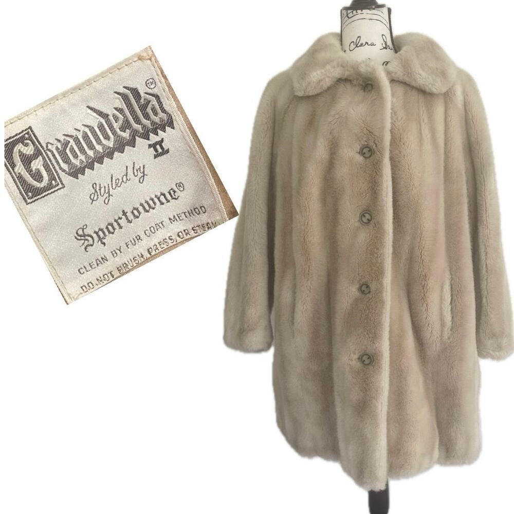 VTG 1960 GRANDELLA FUR COAT TAN SZ 16 COLLARED BUTTON DOWN SOPHISTICATED MOBWIFE